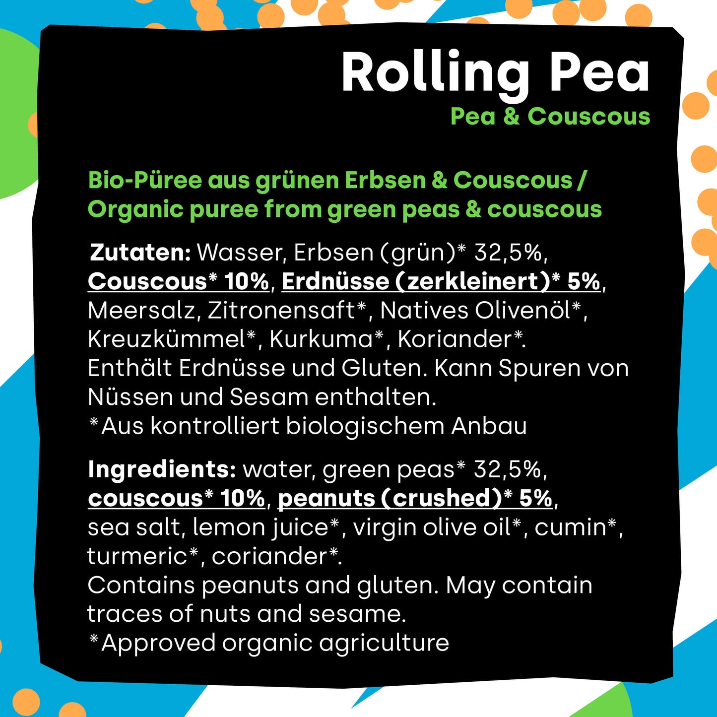 RollingPea (Pack of 6) – Organic Purée made from Peas & Couscous