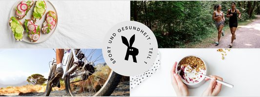 Collage mit gesunden Mahlzeiten, Joggen, Radfahren und dem Schriftzug „Sport und Gesundheit – Teil 1