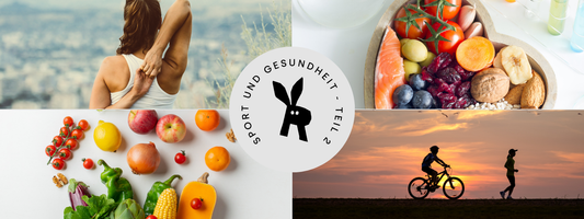 Collage mit Dehnübung, frischem Obst und Gemüse, gesunden Lebensmitteln und dem Schriftzug „Sport und Gesundheit – Teil 2“