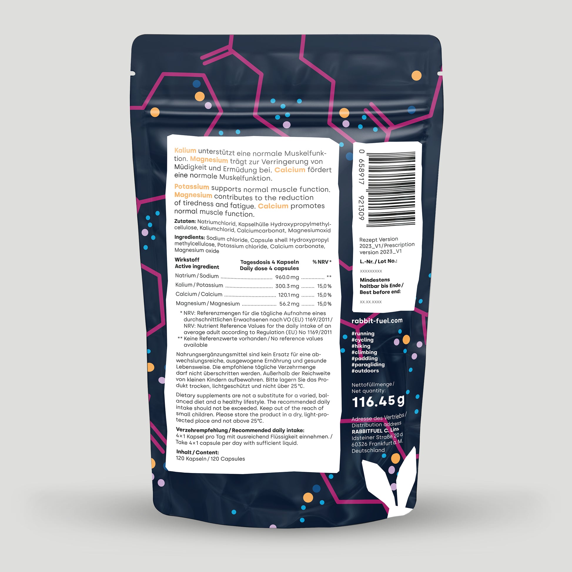 Rückseite der Verpackung von ‚RabbitFuel Hydrocaps‘ mit Informationen zu Inhaltsstoffen, Nährwerten und Verzehrempfehlung. Betont werden die unterstützende Wirkung von Kalium, Magnesium und Calcium für die Muskelfunktion und gegen Ermüdung. Außerdem sind ein Barcode, das Gewicht (116,45 g) und Hinweise zur Lagerung angegeben.