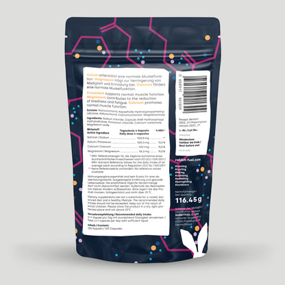 Rückseite der Verpackung von ‚RabbitFuel Hydrocaps‘ mit Informationen zu Inhaltsstoffen, Nährwerten und Verzehrempfehlung. Betont werden die unterstützende Wirkung von Kalium, Magnesium und Calcium für die Muskelfunktion und gegen Ermüdung. Außerdem sind ein Barcode, das Gewicht (116,45 g) und Hinweise zur Lagerung angegeben.