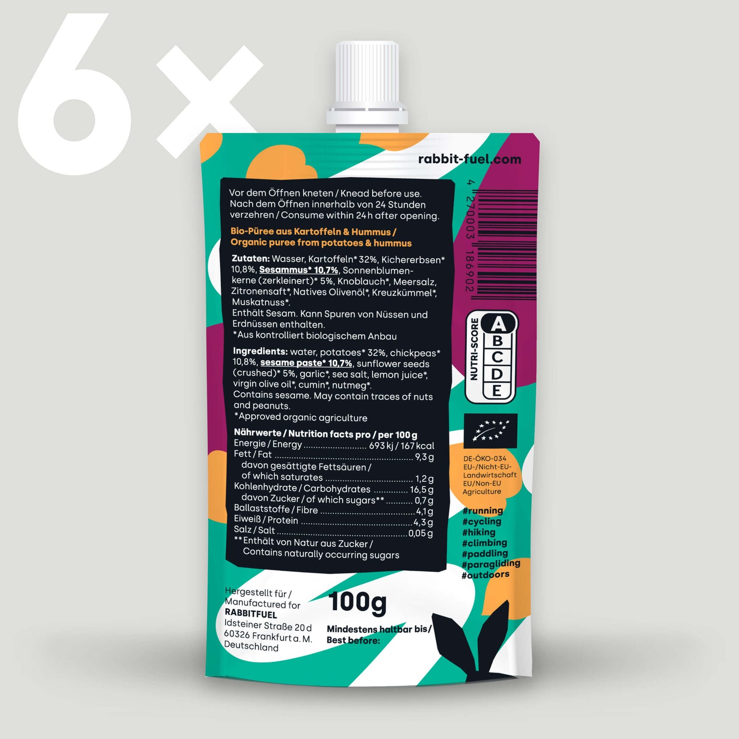 Rückseite der Verpackung von ‚Rabbit Fuel Hummus Rocket‘ mit Zutatenliste, Nährwertangaben und Zertifikaten und Nutri-Score A. Oben links steht 6x, passend zur Multipackung.